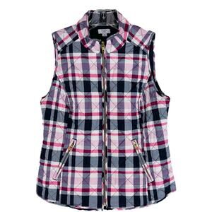 Crown & Ivy pink blue white plaid quilted puffer zip vest medium